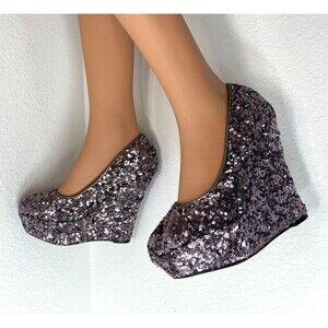 Bongo Silver Champagne Sequin Platform Heels 7.5 Disco Clubbing Formal Party